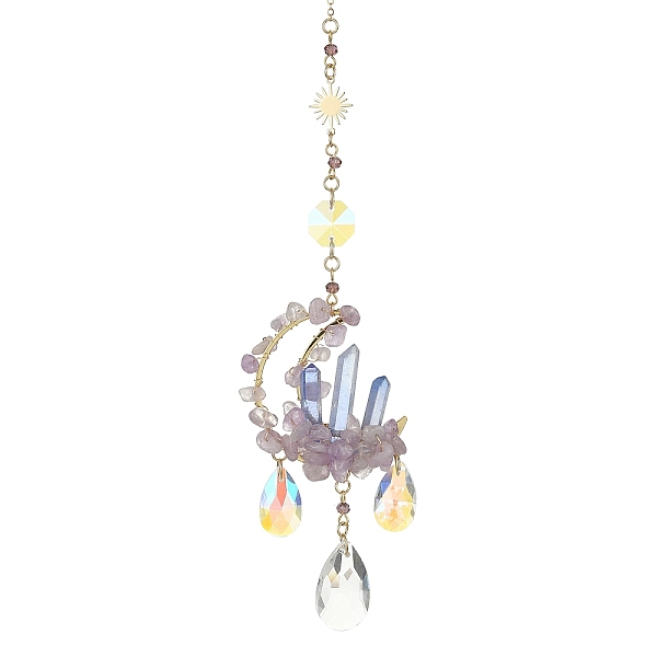 PandaHall Wire Wrapped Natural Amethyst Chip & Brass Moon Pendant Decoration, with Glass Teardrop Charm, for Home Hanging Decoration, 288mm...
PandaHall Wire Wrapped Natural Amethyst Chip & Brass Moon Pendant Decoration, with Glass Teardrop Charm, for Home Hanging Decoration, 288mm...