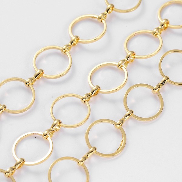 PandaHall Brass Handmade Chains, with Spool, Golden Color, Mother Link: 12mm in diameter, 0.8mm thick, Son Link: 1.2mm wide, 7.5mm long...
PandaHall Brass Handmade Chains, with Spool, Golden Color, Mother Link: 12mm in diameter, 0.8mm thick, Son Link: 1.2mm wide, 7.5mm long...