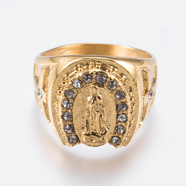 PandaHall 304 Stainless Steel Rhinestone Wide Band Rings, Virgin Mary, Golden, Size 8~13, 18~23mm Stainless Steel+Rhinestone Clear
PandaHall 304 Stainless Steel Rhinestone Wide Band Rings, Virgin Mary, Golden, Size 8~13, 18~23mm Stainless Steel+Rhinestone Clear