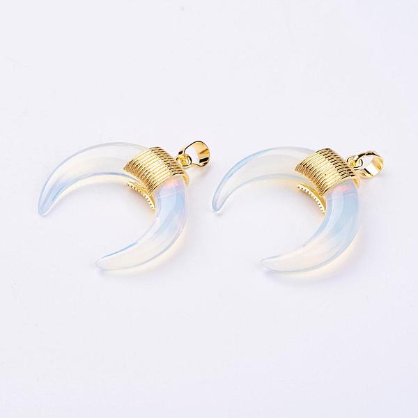 PandaHall Opalite Pendants, with Golden Plated Brass Findings, Double Horn/Crescent Moon, 32~34x30~33x8.5mm Hole: 5x7mm Opalite Moon
PandaHall Opalite Pendants, with Golden Plated Brass Findings, Double Horn/Crescent Moon, 32~34x30~33x8.5mm Hole: 5x7mm Opalite Moon