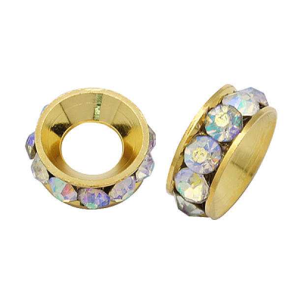 PandaHall Brass Rhinestone Spacer Beads, Grade A, Rondelle, Golden Metal Color, Crystal AB, 9x4mm, Hole: 4mm Brass+Rhinestone Rondelle Clear
PandaHall Brass Rhinestone Spacer Beads, Grade A, Rondelle, Golden Metal Color, Crystal AB, 9x4mm, Hole: 4mm Brass+Rhinestone Rondelle Clear