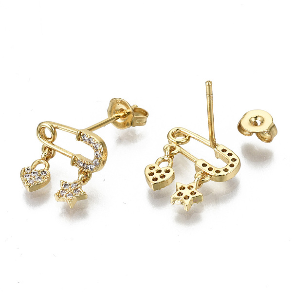 PandaHall Brass Micro Pave Clear Cubic Zirconia Dangle Stud Earrings, with Ear Nuts, Nickel Free, Pin, Safety Pin Shape with Moon & Star...
PandaHall Brass Micro Pave Clear Cubic Zirconia Dangle Stud Earrings, with Ear Nuts, Nickel Free, Pin, Safety Pin Shape with Moon & Star...