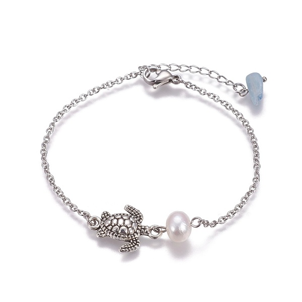 PandaHall Stainless Steel Link Bracelets, with Pearl Beads, Natural Aquamarine Beads and Alloy Findings, Sea Turtle, Antique Silver &...
PandaHall Stainless Steel Link Bracelets, with Pearl Beads, Natural Aquamarine Beads and Alloy Findings, Sea Turtle, Antique Silver &...