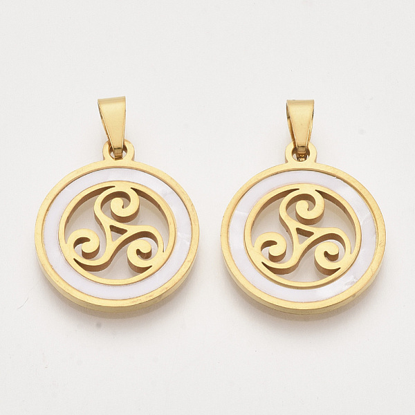 PandaHall 201 Stainless Steel Pendants, with Shell and Random Size Snap on Bails, Flat Round with Triskele/Triskelion, Golden, 23x20x2mm...
PandaHall 201 Stainless Steel Pendants, with Shell and Random Size Snap on Bails, Flat Round with Triskele/Triskelion, Golden, 23x20x2mm...