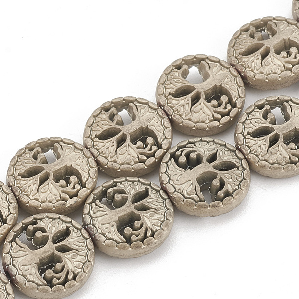 PandaHall Electroplate Non-magnetic Synthetic Hematite Beads Strands, Matte Style, Flat Round with Tree of Life, Light Gold Plated...
PandaHall Electroplate Non-magnetic Synthetic Hematite Beads Strands, Matte Style, Flat Round with Tree of Life, Light Gold Plated...