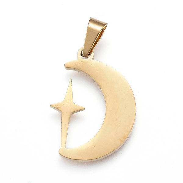 PandaHall 304 Stainless Steel Pendants, Laser Cut, Moon with Star, Golden, 20x15x1.5mm, Hole: 3x5mm 304 Stainless Steel Moon
PandaHall 304 Stainless Steel Pendants, Laser Cut, Moon with Star, Golden, 20x15x1.5mm, Hole: 3x5mm 304 Stainless Steel Moon