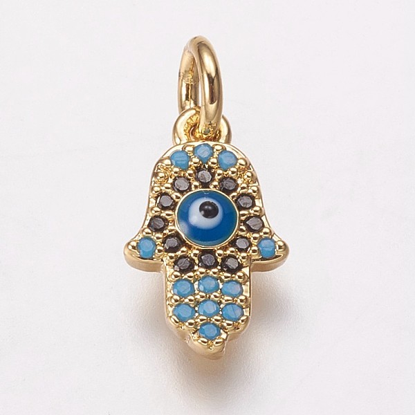 PandaHall Brass Cubic Zirconia Charms, with Enamel, Hamsa Hand/Hand of Fatima/Hand of Miriam with Evil Eye, Golden, 12x7.5x3mm, Hole: 3mm...
PandaHall Brass Cubic Zirconia Charms, with Enamel, Hamsa Hand/Hand of Fatima/Hand of Miriam with Evil Eye, Golden, 12x7.5x3mm, Hole: 3mm...