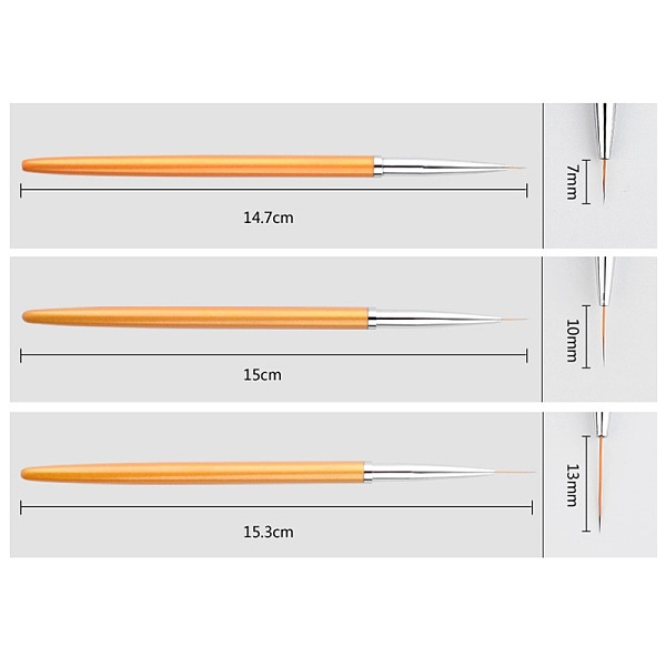 PandaHall 3PCS Nail Art Liner Brush, Drawing Line Pen, Gold, Nib: 0.7cm/1cm/1.3cm, 14.7cm/15cm/15.3cm Metal Gold
PandaHall 3PCS Nail Art Liner Brush, Drawing Line Pen, Gold, Nib: 0.7cm/1cm/1.3cm, 14.7cm/15cm/15.3cm Metal Gold