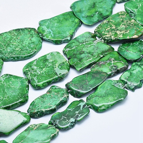 PandaHall Natural Imperial Jasper Beads Strand, Dyed, Nuggets, Green, 20~62x15~50x4~7mm, Hole: 1~1.5mm, 7~11pcs/strand, 15.35 inch~16.14...
PandaHall Natural Imperial Jasper Beads Strand, Dyed, Nuggets, Green, 20~62x15~50x4~7mm, Hole: 1~1.5mm, 7~11pcs/strand, 15.35 inch~16.14...