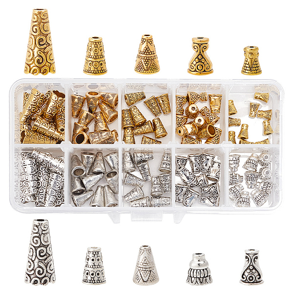 PandaHall 100Pcs 10 Style Tibetan Style Alloy Bead Cones, Antique Silver & Antique Golden, 8~17.5x7~9mm, Hole: 1.5~2mm, 10pcs/style Alloy
PandaHall 100Pcs 10 Style Tibetan Style Alloy Bead Cones, Antique Silver & Antique Golden, 8~17.5x7~9mm, Hole: 1.5~2mm, 10pcs/style Alloy