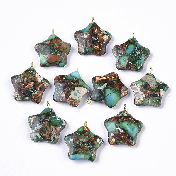 PandaHall Assembled Synthetic Imperial Jasper and Bronzite Pendants, with Golden Tone Iron Loop, Dyed, Star, Sea Green, 23~24x21x5mm, Hole...
PandaHall Assembled Synthetic Imperial Jasper and Bronzite Pendants, with Golden Tone Iron Loop, Dyed, Star, Sea Green, 23~24x21x5mm, Hole...