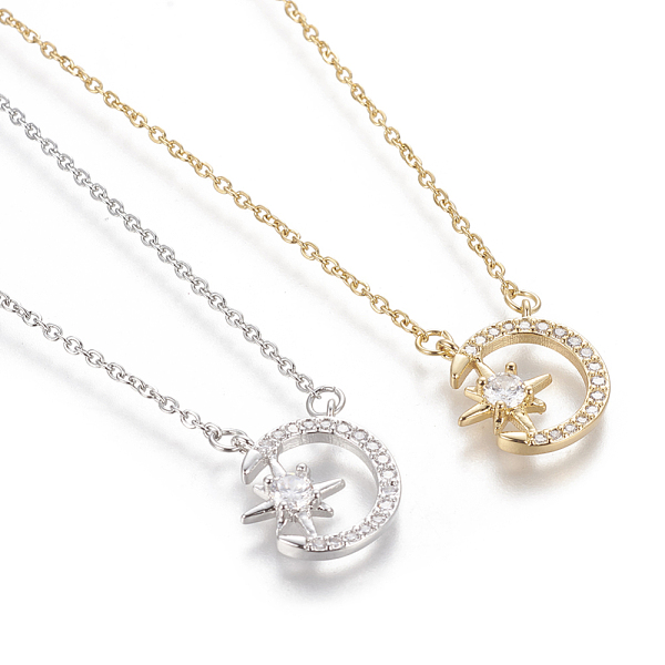 PandaHall Brass Micro Pave Cubic Zirconia Pendant Necklaces, with 304 Stainless Steel Cable Chains and Lobster Claw Clasps, Moon & Star..., Clear
PandaHall Brass Micro Pave Cubic Zirconia Pendant Necklaces, with 304 Stainless Steel Cable Chains and Lobster Claw Clasps, Moon & Star..., Clear
