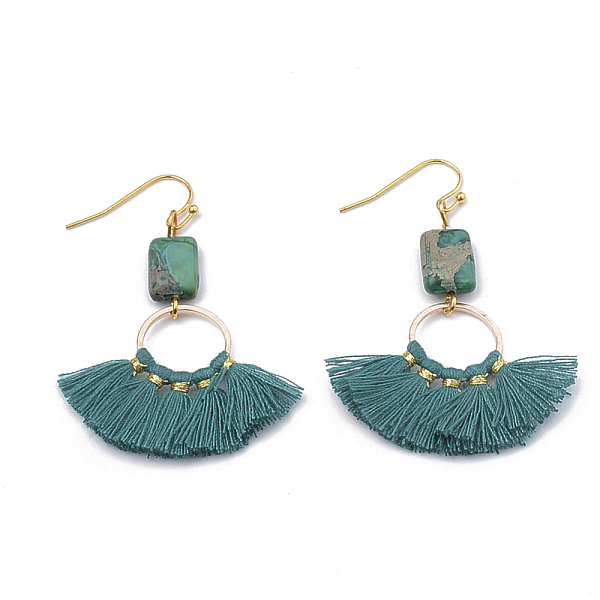 PandaHall Nylon Tassels Dangle Earrings, with Natural Regalite/Imperial Jasper/Sea Sediment Jasper and Iron Findings, Teal, 56~57mm, Pin..., Cyan
PandaHall Nylon Tassels Dangle Earrings, with Natural Regalite/Imperial Jasper/Sea Sediment Jasper and Iron Findings, Teal, 56~57mm, Pin..., Cyan