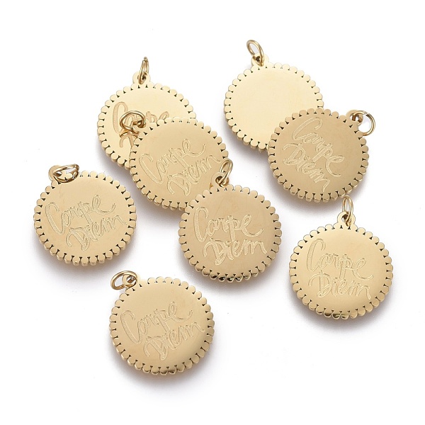 PandaHall Ion Plating(IP) 304 Stainless Steel Pendants, with Jump Rings, Flat Round with Latin Word Live In the Moment, Golden, 17x15x1mm...
PandaHall Ion Plating(IP) 304 Stainless Steel Pendants, with Jump Rings, Flat Round with Latin Word Live In the Moment, Golden, 17x15x1mm...
