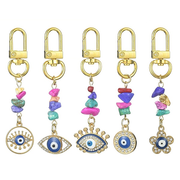 PandaHall Synthetic Turquoise Chips Pendant Decorations, with Alloy Swivel Clasps and Alloy Rhinestone Pendant, Flat Round/Eye/Flower with..., Multicolor
PandaHall Synthetic Turquoise Chips Pendant Decorations, with Alloy Swivel Clasps and Alloy Rhinestone Pendant, Flat Round/Eye/Flower with..., Multicolor