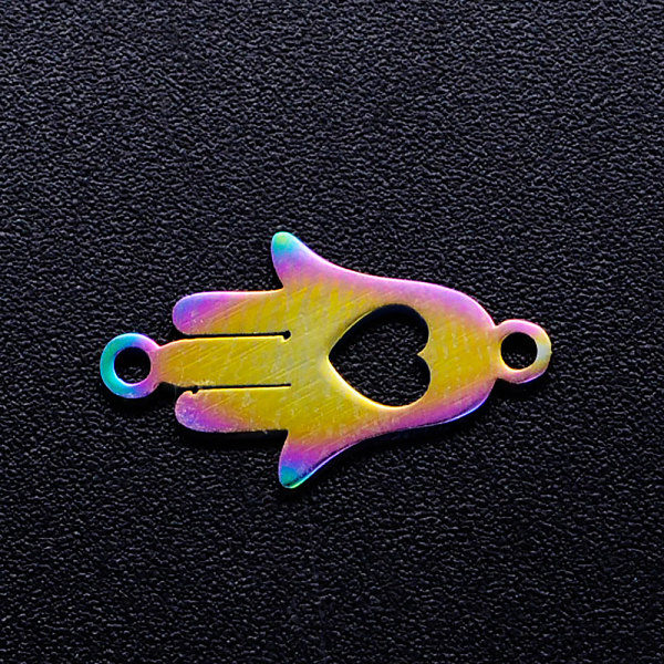 PandaHall Ion Plating(IP) 201 Stainless Steel Links, Hamsa Hand/Hand of Fatima/Hand of Miriam with Heart, Rainbow Color, 16.5x9.5x1mm, Hole...
PandaHall Ion Plating(IP) 201 Stainless Steel Links, Hamsa Hand/Hand of Fatima/Hand of Miriam with Heart, Rainbow Color, 16.5x9.5x1mm, Hole...