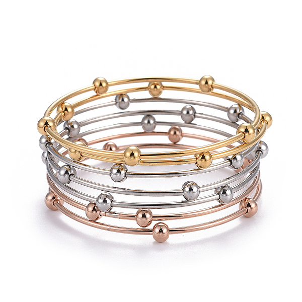 PandaHall Fashion Tri-color 304 Stainless Steel Bangle Sets, with Round Beads, Multi-color, 2-1/2 inch(6.3cm), 7pcs/set 304 Stainless Steel
PandaHall Fashion Tri-color 304 Stainless Steel Bangle Sets, with Round Beads, Multi-color, 2-1/2 inch(6.3cm), 7pcs/set 304 Stainless Steel
