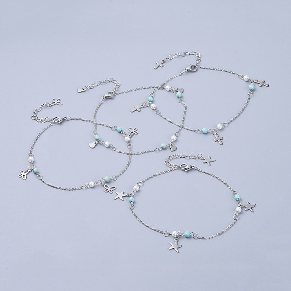 PandaHall 304 Stainless Steel Charm Anklets, with Synthetic Turquoise Beads and Glass Pearl, Mixed Shapes, Stainless Steel Color, 9-5/8 inch...
PandaHall 304 Stainless Steel Charm Anklets, with Synthetic Turquoise Beads and Glass Pearl, Mixed Shapes, Stainless Steel Color, 9-5/8 inch...