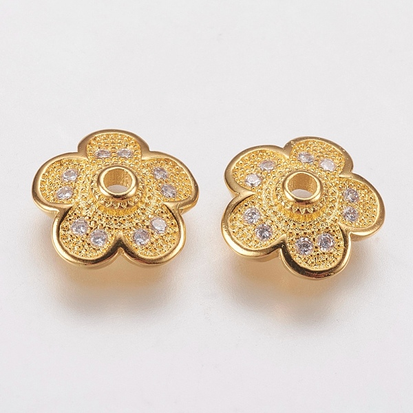 PandaHall Brass Micro Pave Cubic Zirconia Bead Cap, 5-Petal, Golden, 10x3mm, Hole: 1mm Brass+Cubic Zirconia Clear
PandaHall Brass Micro Pave Cubic Zirconia Bead Cap, 5-Petal, Golden, 10x3mm, Hole: 1mm Brass+Cubic Zirconia Clear