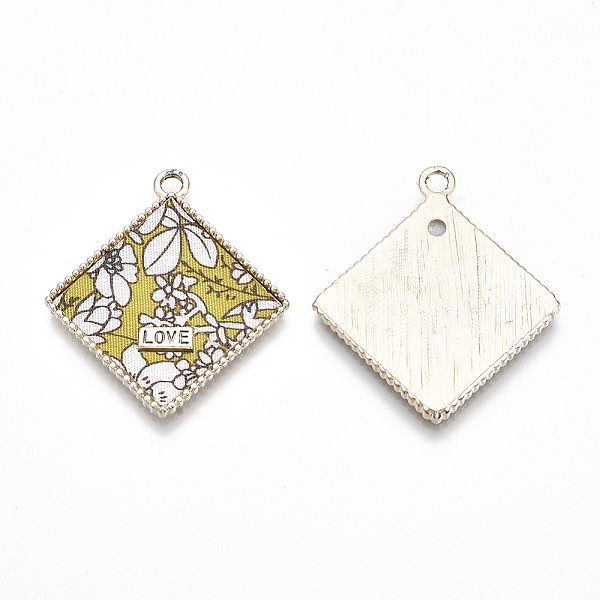 PandaHall Alloy Pendants, with Cloth, Rhombus with Flower Pattern & Word Love, Light Gold, Light Khaki, 40x35x2.5mm, Hole: 3mm, Side Length...
PandaHall Alloy Pendants, with Cloth, Rhombus with Flower Pattern & Word Love, Light Gold, Light Khaki, 40x35x2.5mm, Hole: 3mm, Side Length...