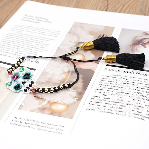 PandaHall Miyuki Seed Braided Bead Bracelet with Double Tassel, Skull Friendship Bracelet for Women, Colorful, 11 inch(28cm) Glass Black
PandaHall Miyuki Seed Braided Bead Bracelet with Double Tassel, Skull Friendship Bracelet for Women, Colorful, 11 inch(28cm) Glass Black