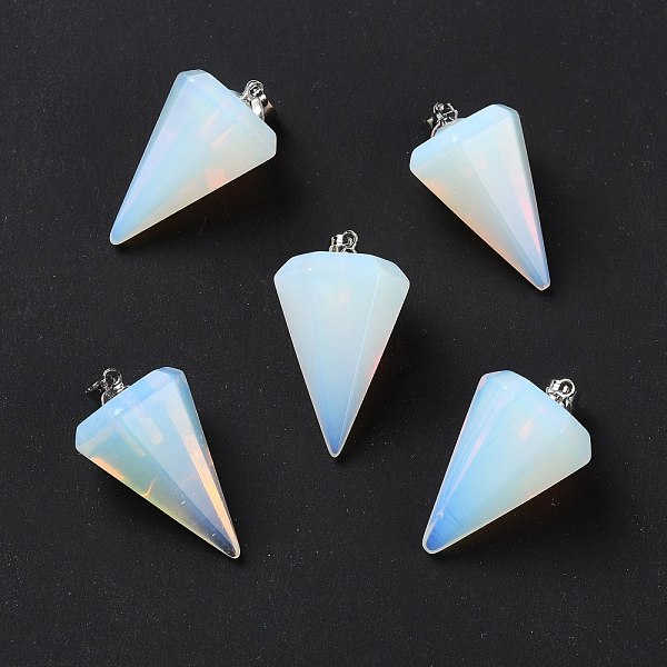 PandaHall Opalite Pendants, with Platinum Tone Brass Findings, Faceted Cone, 25~28x15~16x13~14mm, Hole: 2x6mm Opalite Cone
PandaHall Opalite Pendants, with Platinum Tone Brass Findings, Faceted Cone, 25~28x15~16x13~14mm, Hole: 2x6mm Opalite Cone