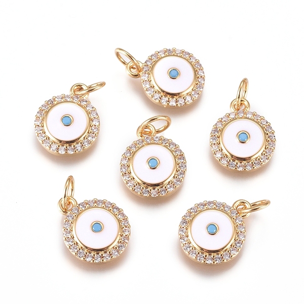 PandaHall Brass Charms, with Micro Pave Cubic Zirconia, Enamel and Jump Rings, Flat Round with Evil Eye, Clear, Golden, 12.5x10x3mm, Hole...
PandaHall Brass Charms, with Micro Pave Cubic Zirconia, Enamel and Jump Rings, Flat Round with Evil Eye, Clear, Golden, 12.5x10x3mm, Hole...