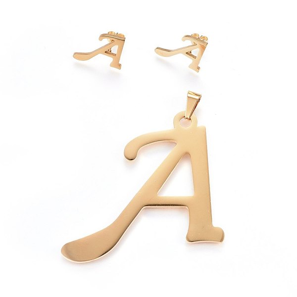 PandaHall 304 Stainless Steel Pendants and Stud Earrings Jewelry Sets, Alphabet, Letter.A, 50x56x1.7mm, Hole: 9x4.5mm, 14x18x1.5mm, Pin...
PandaHall 304 Stainless Steel Pendants and Stud Earrings Jewelry Sets, Alphabet, Letter.A, 50x56x1.7mm, Hole: 9x4.5mm, 14x18x1.5mm, Pin...