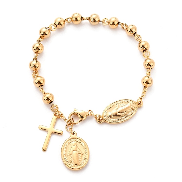 PandaHall 304 Stainless Steel Charm Bracelets, with Round Beads, Cross & Oval with Saint, Golden, 8-3/8 inch(21.3cm) 304 Stainless Steel
PandaHall 304 Stainless Steel Charm Bracelets, with Round Beads, Cross & Oval with Saint, Golden, 8-3/8 inch(21.3cm) 304 Stainless Steel