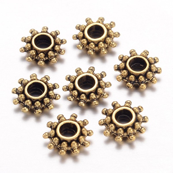PandaHall Tibetan Style Alloy Spacer Beads, Flower, Antique Golden, Lead Free & Cadmium Free & Nickel Free, 9x3mm, Hole: 2.5mm Alloy Sun
PandaHall Tibetan Style Alloy Spacer Beads, Flower, Antique Golden, Lead Free & Cadmium Free & Nickel Free, 9x3mm, Hole: 2.5mm Alloy Sun