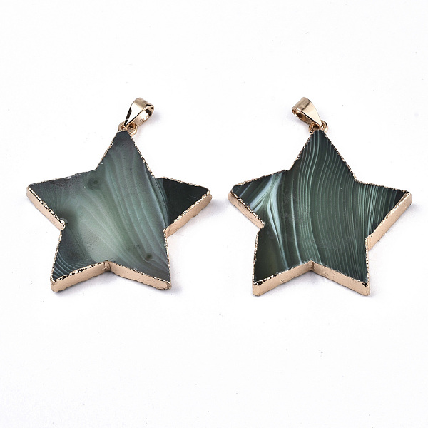 PandaHall Natural Banded Agate/Striped Agate Pendants, with Light Gold Pleated Edge and Iron Bail, Star, Dyed, Medium Sea Green...
PandaHall Natural Banded Agate/Striped Agate Pendants, with Light Gold Pleated Edge and Iron Bail, Star, Dyed, Medium Sea Green...