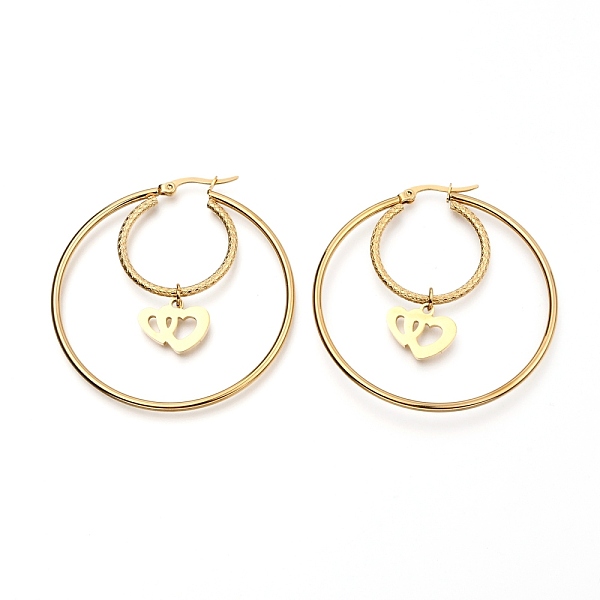 PandaHall 304 Stainless Steel Hoop Earrings, Textured, Ring Shape with Double Heart, Golden, 53x50x2mm, Pin: 0.7mm 304 Stainless Steel Ring
PandaHall 304 Stainless Steel Hoop Earrings, Textured, Ring Shape with Double Heart, Golden, 53x50x2mm, Pin: 0.7mm 304 Stainless Steel Ring