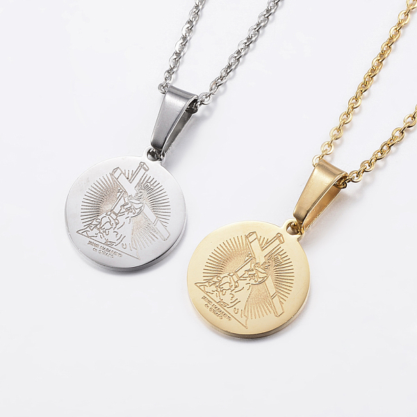 PandaHall 304 Stainless Steel Pendant Necklaces, Flat Round with Jesus and Cross, Mixed Color, 17.7 inch(45cm), 1.5mm 304 Stainless Steel
PandaHall 304 Stainless Steel Pendant Necklaces, Flat Round with Jesus and Cross, Mixed Color, 17.7 inch(45cm), 1.5mm 304 Stainless Steel
