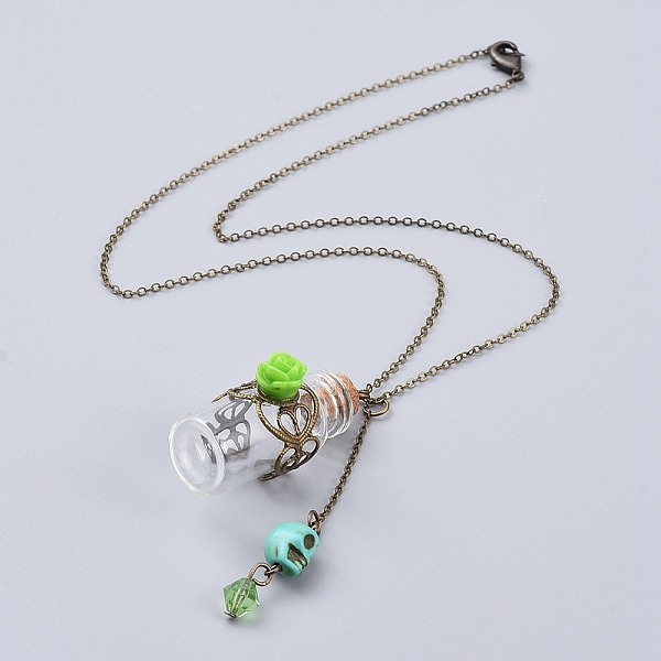 PandaHall Pendant Necklaces, with Skull Synthetic Howlite Beads, Rose Flower Resin Beads, Glass Bottles and Antique Bronze Plated Brass..., Green
PandaHall Pendant Necklaces, with Skull Synthetic Howlite Beads, Rose Flower Resin Beads, Glass Bottles and Antique Bronze Plated Brass..., Green