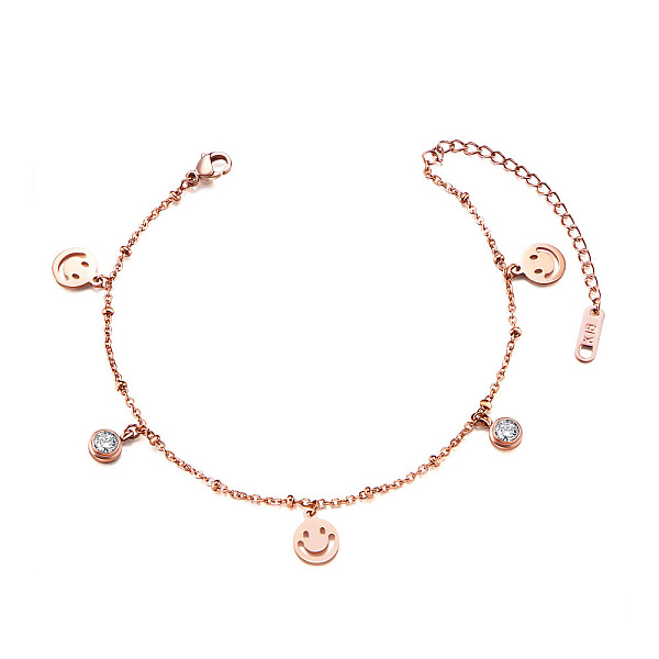 PandaHall SHEGRACE Brass Charm Anklet, with Cubic Zirconia and Cable Chains, Smile Face, Rose Gold, 7-1/2 inch(19cm) Cubic Zirconia Clear
PandaHall SHEGRACE Brass Charm Anklet, with Cubic Zirconia and Cable Chains, Smile Face, Rose Gold, 7-1/2 inch(19cm) Cubic Zirconia Clear