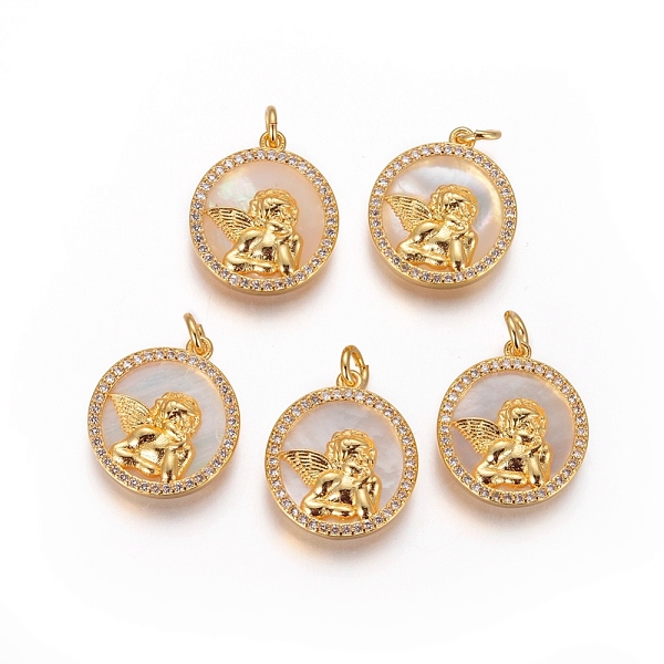 PandaHall Brass Pendants, with Micro Pave Cubic Zirconia, Shell and Jump Rings, Flat Round with Angel, Clear, Golden, 17.5x15.5x2.5mm, Hole...
PandaHall Brass Pendants, with Micro Pave Cubic Zirconia, Shell and Jump Rings, Flat Round with Angel, Clear, Golden, 17.5x15.5x2.5mm, Hole...