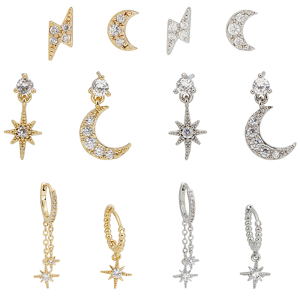 PandaHall ANATTASOUL 2 Sets 2 Color Brass Micro Pave Cubic Zirconia Dangle Stud Earrings, Hoop Earrings, Moon & Star & Lightning Bolt...
PandaHall ANATTASOUL 2 Sets 2 Color Brass Micro Pave Cubic Zirconia Dangle Stud Earrings, Hoop Earrings, Moon & Star & Lightning Bolt...