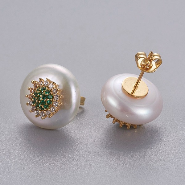 PandaHall Natural Pearl Stud Earrings, with Brass Micro Pave Cubic Zirconia Findings, Flat Round with Flower, Long-Lasting Plated, with Ear..., Green
PandaHall Natural Pearl Stud Earrings, with Brass Micro Pave Cubic Zirconia Findings, Flat Round with Flower, Long-Lasting Plated, with Ear..., Green