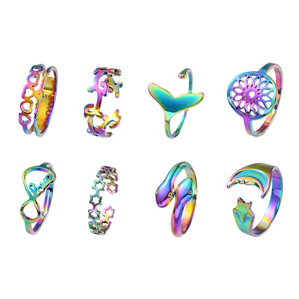 PandaHall 8Pcs 8 Style Heart & Infinity & Whale Tail & Snake 304 & 201 Stainless Steel Cuff Rings Set for Women, Rainbow Color, Inner...
PandaHall 8Pcs 8 Style Heart & Infinity & Whale Tail & Snake 304 & 201 Stainless Steel Cuff Rings Set for Women, Rainbow Color, Inner...