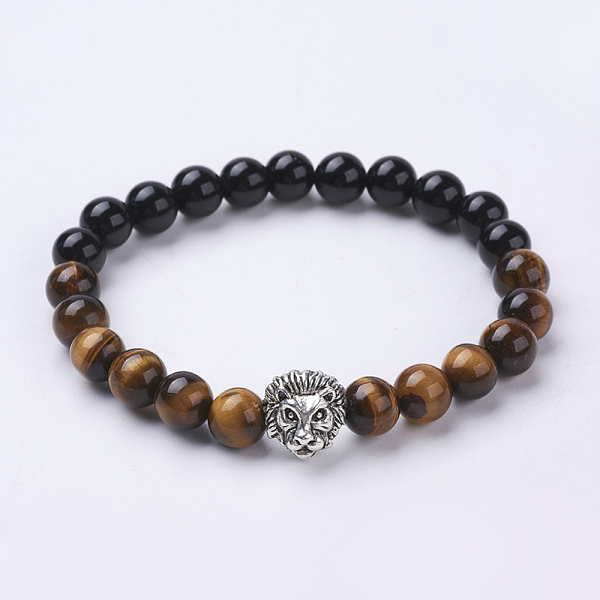 PandaHall Natural Obsidian and Tiger Eye Stretch Bracelets, with Alloy Findings, Lion Head, Antique Silver, 2-1/8 inch(55mm) Mixed Stone
PandaHall Natural Obsidian and Tiger Eye Stretch Bracelets, with Alloy Findings, Lion Head, Antique Silver, 2-1/8 inch(55mm) Mixed Stone