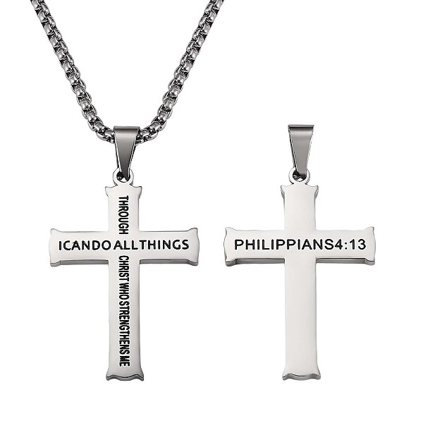 PandaHall Titanium Steel Cross with Philippians 4:13 Pendant Necklace, Religion Jewelry for Men Women, Stainless Steel Color, 23.62 inch...
PandaHall Titanium Steel Cross with Philippians 4:13 Pendant Necklace, Religion Jewelry for Men Women, Stainless Steel Color, 23.62 inch...