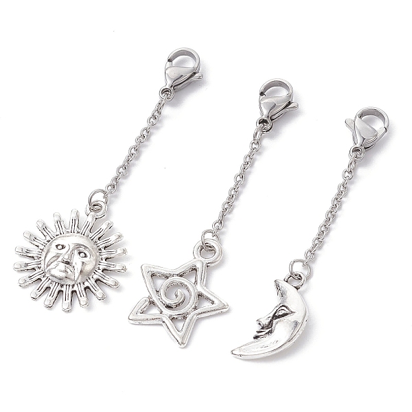PandaHall Tibetan Style Alloy Pendant Decoration, with 304 Stainless Steel Lobster Claw Clasps, Sun/Moon/Star, Antique Silver & Stainless...
PandaHall Tibetan Style Alloy Pendant Decoration, with 304 Stainless Steel Lobster Claw Clasps, Sun/Moon/Star, Antique Silver & Stainless...