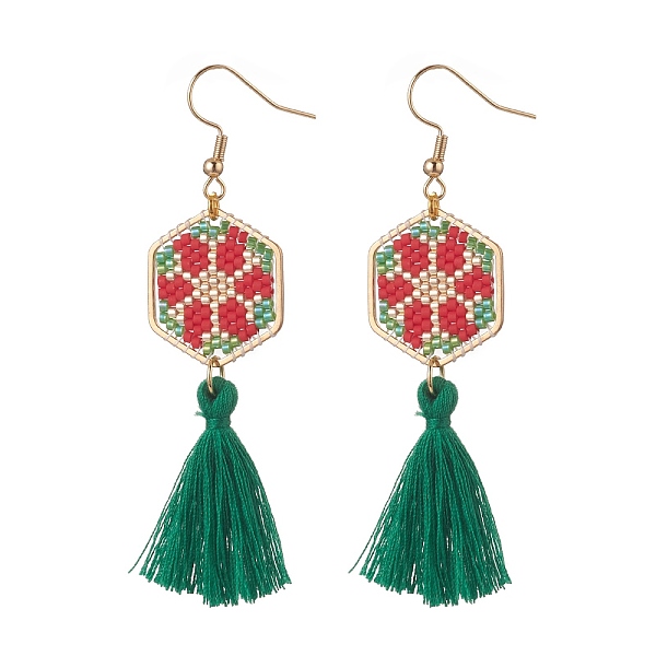 PandaHall Glass Seed Braided Hexagon Dangle Earrings, with Cotton Tassels, Golden 304 Stainless Steel Jewelry for Women, Flower, 72~75mm..., Red
PandaHall Glass Seed Braided Hexagon Dangle Earrings, with Cotton Tassels, Golden 304 Stainless Steel Jewelry for Women, Flower, 72~75mm..., Red