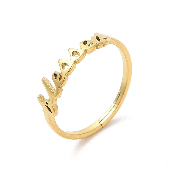 PandaHall Ion Plating(IP) 304 Stainless Steel Word Adjustable Ring, Real 18K Gold Plated, US Size 6(16.5mm) 304 Stainless Steel
PandaHall Ion Plating(IP) 304 Stainless Steel Word Adjustable Ring, Real 18K Gold Plated, US Size 6(16.5mm) 304 Stainless Steel