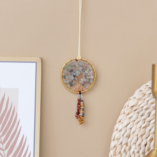 PandaHall Flat Round with Tree of Life Natural Fluorite Chips Pendant Decorations, with Iron Findings and Gemtone Chips Tassel for Home, Car...
PandaHall Flat Round with Tree of Life Natural Fluorite Chips Pendant Decorations, with Iron Findings and Gemtone Chips Tassel for Home, Car...