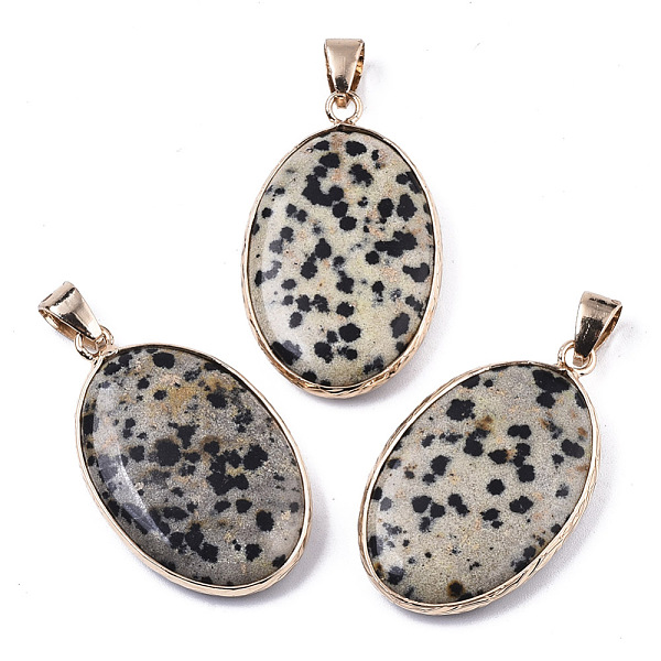 PandaHall Natural Dalmatian Jasper Pendants, with Light Gold Plated Brass Edge and Snap on Bail, Oval, 35~36x21.5x6.5mm, Hole: 6x8mm...
PandaHall Natural Dalmatian Jasper Pendants, with Light Gold Plated Brass Edge and Snap on Bail, Oval, 35~36x21.5x6.5mm, Hole: 6x8mm...