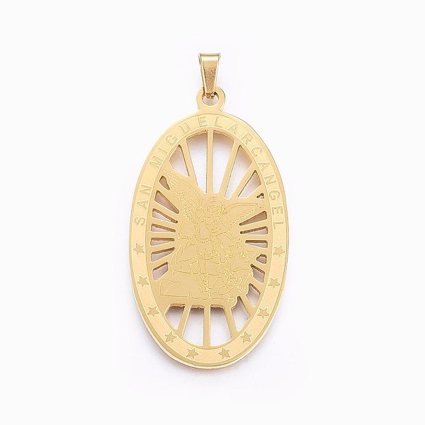 PandaHall 304 Stainless Steel Pendants, Oval with Archangel Michael, Golden, 48x26x1.2mm, Hole: 7x4mm 304 Stainless Steel Oval
PandaHall 304 Stainless Steel Pendants, Oval with Archangel Michael, Golden, 48x26x1.2mm, Hole: 7x4mm 304 Stainless Steel Oval