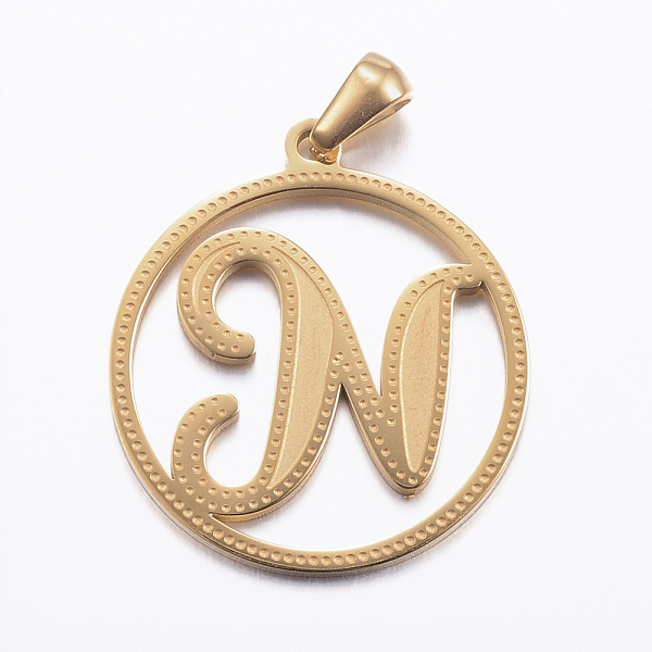 PandaHall Ion Plating(IP) 304 Stainless Steel Pendants, Flat Round with Letter, Golden, Letter.N, 28x25x1.2mm, Hole: 6x3.5mm 304 Stainless...
PandaHall Ion Plating(IP) 304 Stainless Steel Pendants, Flat Round with Letter, Golden, Letter.N, 28x25x1.2mm, Hole: 6x3.5mm 304 Stainless...