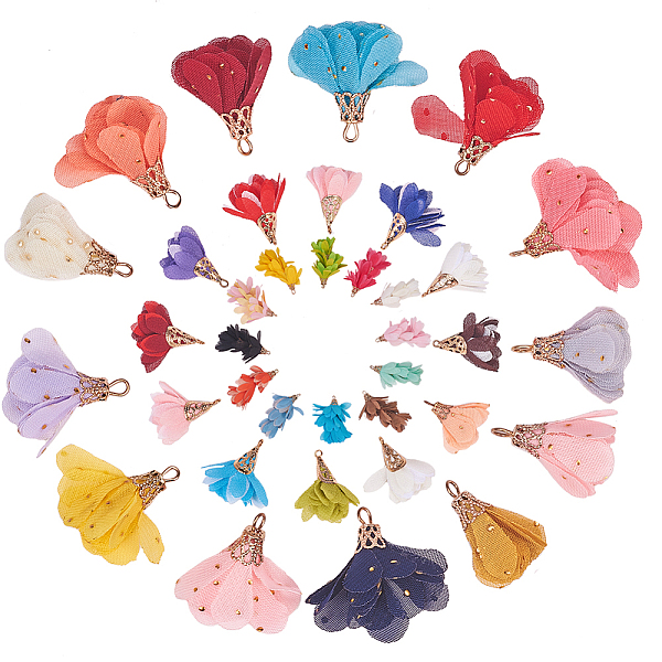 PandaHall Iron Pendants, with Chiffon, Flower, Golden, Mixed Color, 50x22mm, Hole: 2mm, 60pcs/set Cloth Flower Multicolor
PandaHall Iron Pendants, with Chiffon, Flower, Golden, Mixed Color, 50x22mm, Hole: 2mm, 60pcs/set Cloth Flower Multicolor
