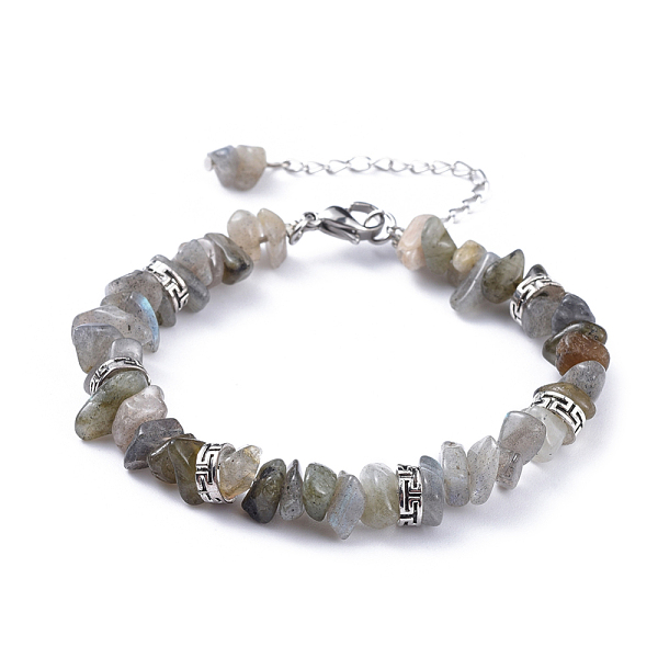 PandaHall Natural Labradorite Chip Bracelets, with Flat Round Tibetan Style Alloy Spacers Beads and Stainless Steel Findings, 7-1/4...
PandaHall Natural Labradorite Chip Bracelets, with Flat Round Tibetan Style Alloy Spacers Beads and Stainless Steel Findings, 7-1/4...